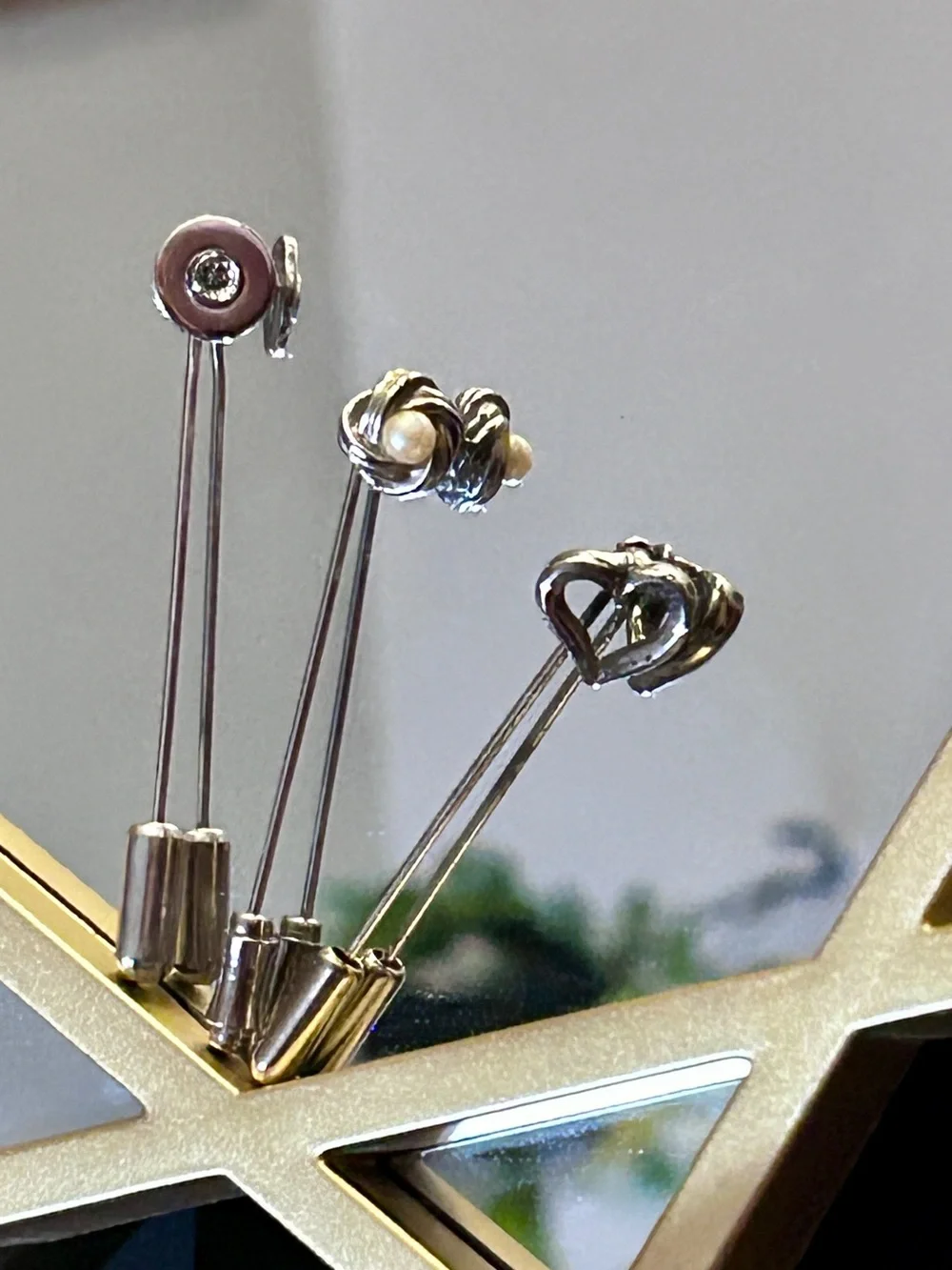 Silver Tone Decorative StickPins Pearl Knot, Open Heart & Diamond CZ Disc EUC 3